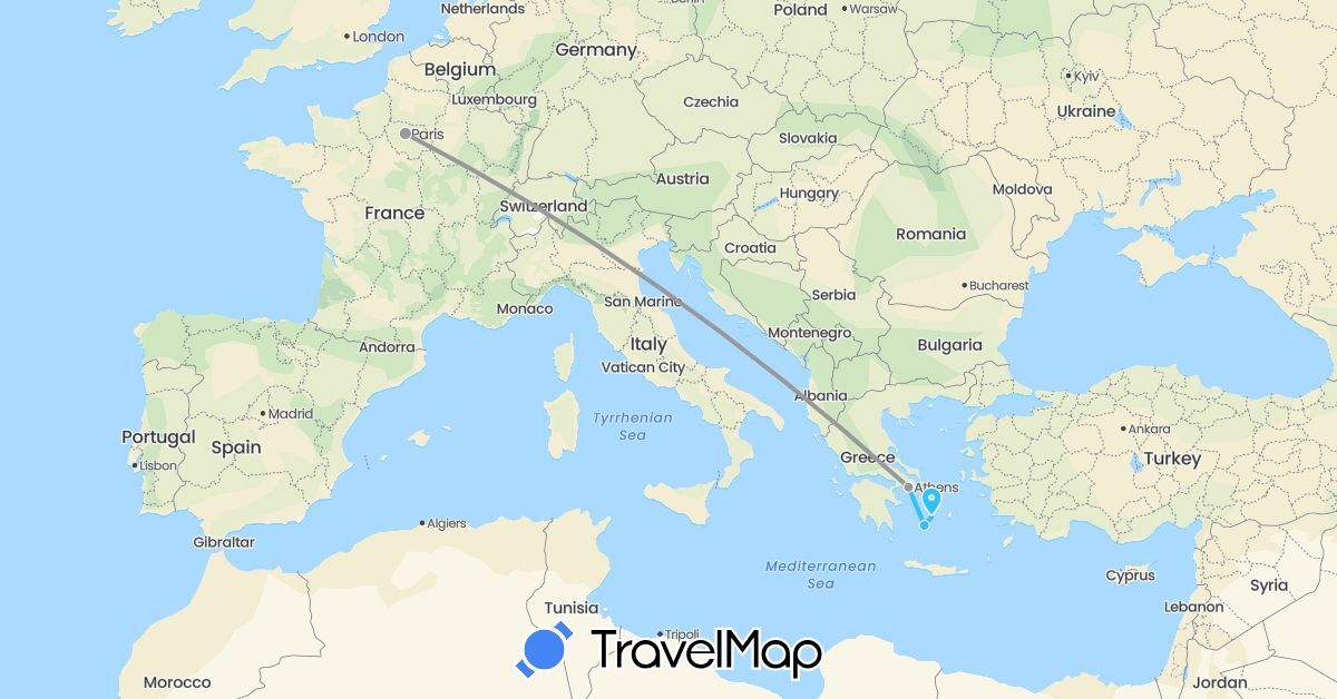 TravelMap itinerary: driving, plane, boat in France, Greece (Europe)